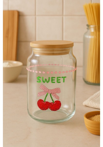 El Yapımı, Taş Işlemeli, Kiraz Desenli, Ahşap Kapaklı Cam Kavanoz, Şık ve Kullanışlı