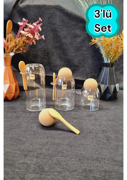 Desenli 3'lü Cam Kavanoz Seti, Mantar Kapaklı, Saklama ve Baharatlık Alternatifi