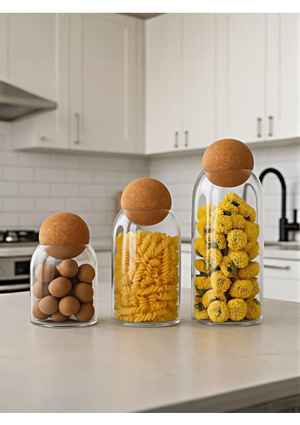 3'lü Top Mantar Kapaklı Cam Kavanoz ve Baharatlık Seti, Şık ve Kullanışlı Tasarım