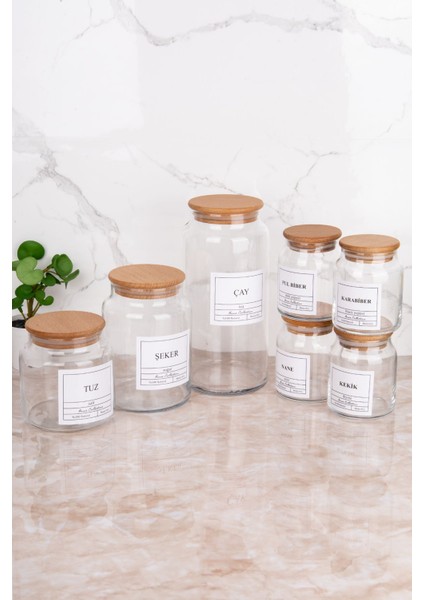7'li Ahşap Kapaqlı, Vakumlu Cam Kavanoz Seti, Baharat ve Şekerlikler
