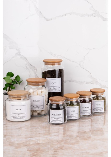 7'li Ahşap Kapaqlı, Vakumlu Cam Kavanoz Seti, Baharat ve Şekerlikler fırsatları