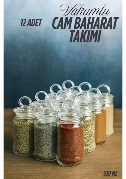12'li Cam Baharat Takımı, Vakumlu Kapak ve Hediye Etiketiyle Set