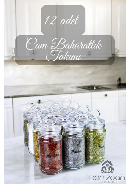 12'li Cam Baharat Takımı, Vakumlu Kapak ve Hediye Etiketiyle Set