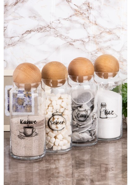 4'lü Cam Saklama Kabı Seti, Top Kapak, Dekoratif ve Etiketli, 1300 ml