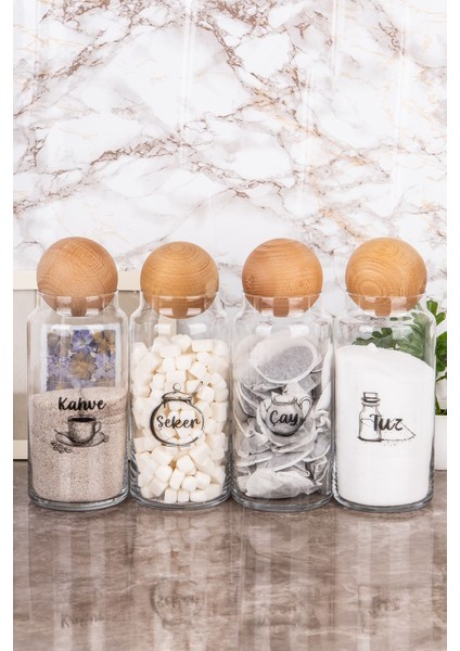 4'lü Cam Saklama Kabı Seti, Top Kapak, Dekoratif ve Etiketli, 1300 ml fiyatları