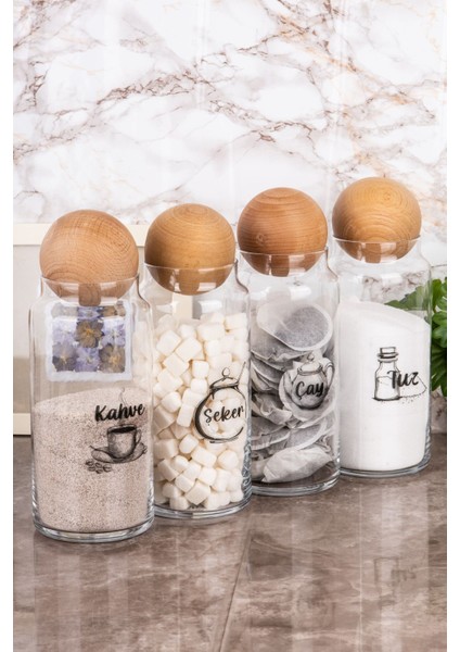 4'lü Cam Saklama Kabı Seti, Top Kapak, Dekoratif ve Etiketli, 1300 ml fırsatları