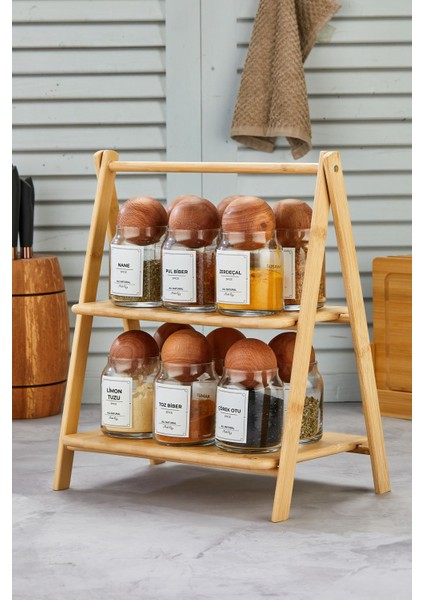 12'li Ahşap Top Kapaklı Bambu Cam Baharatlık Seti, Vakumlu, Stantlı, 300ML (Etiket Dahil)