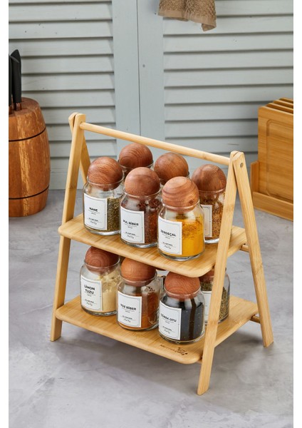 12'li Ahşap Top Kapaklı Bambu Cam Baharatlık Seti, Vakumlu, Stantlı, 300ML (Etiket Dahil) fiyatları