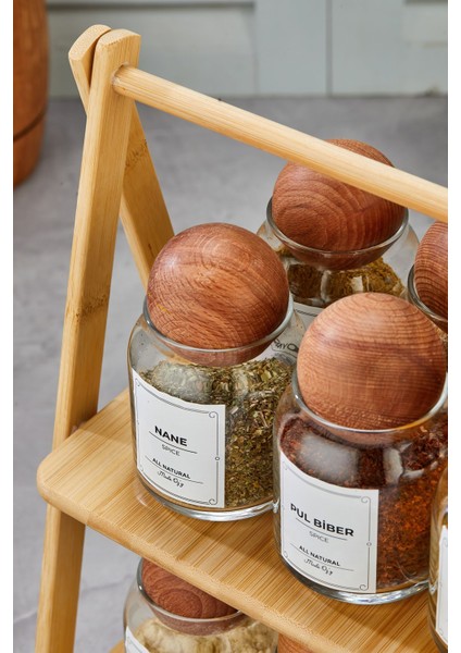 12'li Ahşap Top Kapaklı Bambu Cam Baharatlık Seti, Vakumlu, Stantlı, 300ML (Etiket Dahil) modelleri