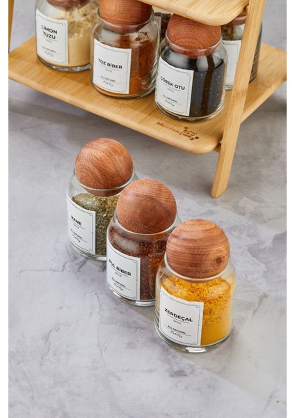 12'li Ahşap Top Kapaklı Bambu Cam Baharatlık Seti, Vakumlu, Stantlı, 300ML (Etiket Dahil) fırsatları