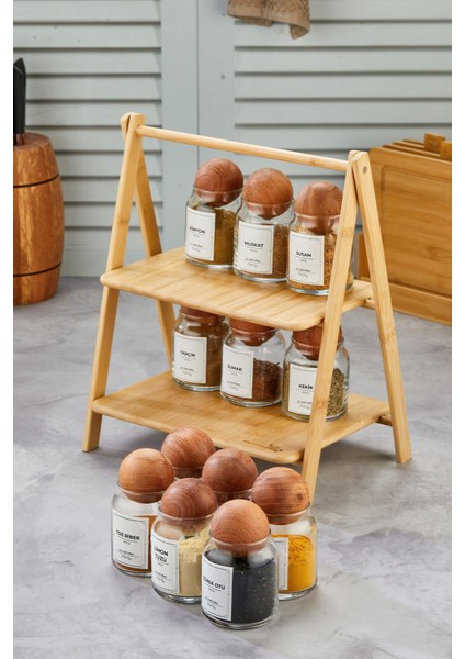 12'li Ahşap Top Kapaklı Bambu Cam Baharatlık Seti, Vakumlu, Stantlı, 300ML (Etiket Dahil) indirimleri