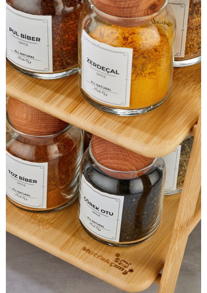 12'li Ahşap Top Kapaklı Bambu Cam Baharatlık Seti, Vakumlu, Stantlı, 300ML (Etiket Dahil)