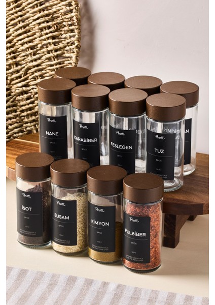 12'li Akasya Baharatlık Seti, 120ML, Siyah-Beyaz Etiket, Hediye Paketi