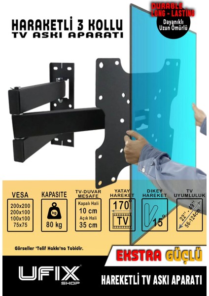 Hareketli Üç Kollu Askı Aparatı, 82-102CM, Siyah Renk, Yüksek Kalite.