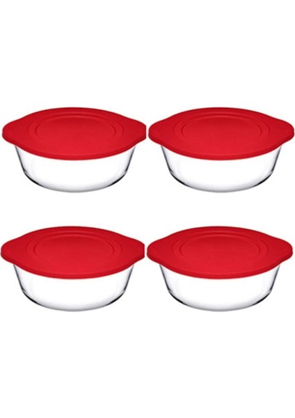 4'lü Turuncu Yuvarlak Cam Tencere Seti, 2100CC, Kapaklı, Dayanıklı ve Şık Tasarım