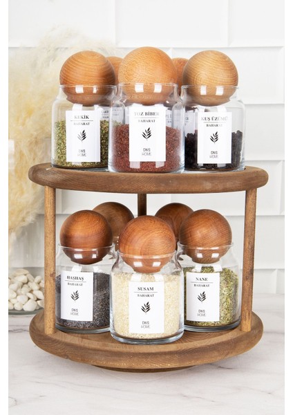 10'lu Ahşap Top Kapaklı Döner Standlı Cam Baharatlık Seti 300ML