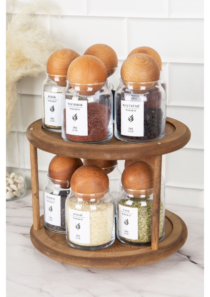 10'lu Ahşap Top Kapaklı Döner Standlı Cam Baharatlık Seti 300ML modelleri