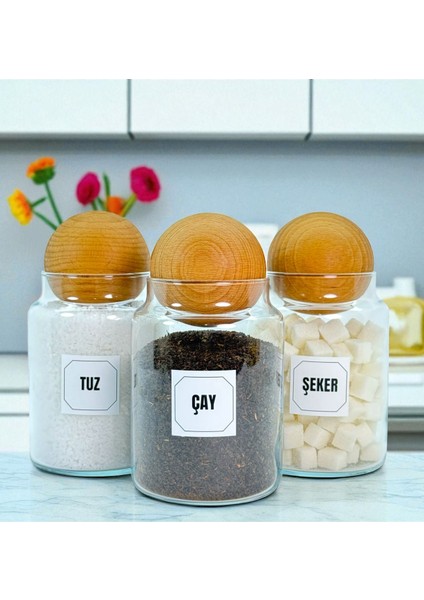 3'lü Ahşap Kapaklı Cam Saklama Kavanozu Seti 800 Ml, Renkli, Etiket Hediye