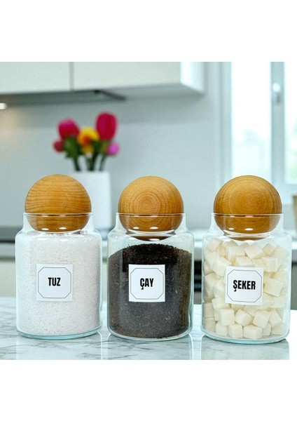 3'lü Ahşap Kapaklı Cam Saklama Kavanozu Seti 800 Ml, Renkli, Etiket Hediye