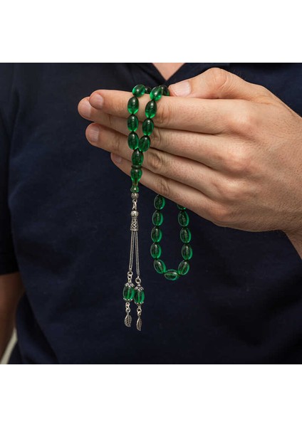 Gümüş Püsküllü Yeşil Ateş Kehribar Tesbih modelleri