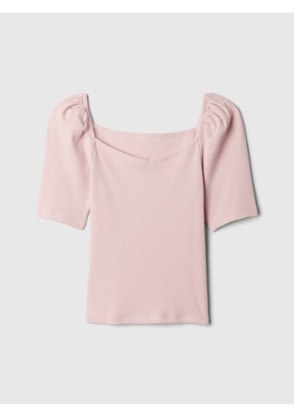 Kız Çocuk Pembe Kalp Yaka Balon Kol T-Shirt fiyatları