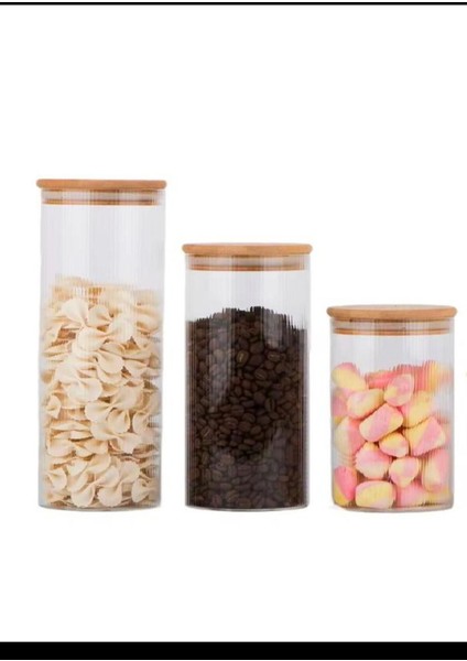 3'lü Bambu Kapaklı Vakumlu Çizgili Cam Saklama Kabı, Bakliyat, Şeker, Çay 800-1300ML