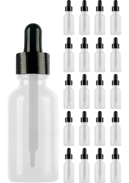 100 ml Şeffaf Cam Damlalıklı Serum Şişesi, Siyah Metal Kapak, 20 Adet