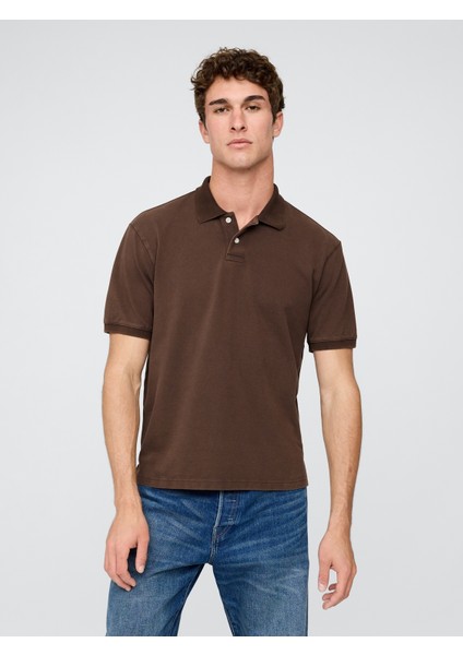 Erkek Kahverengi Relaxed Pique Polo T-Shirt