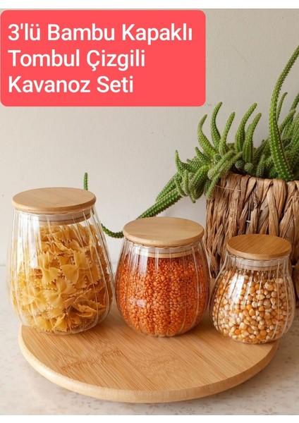 3'lü Bambu Kapaklı Tombul Çizgili Cam Kavanoz Seti, Şık ve Kullanışlı Mutfak Gereçleri