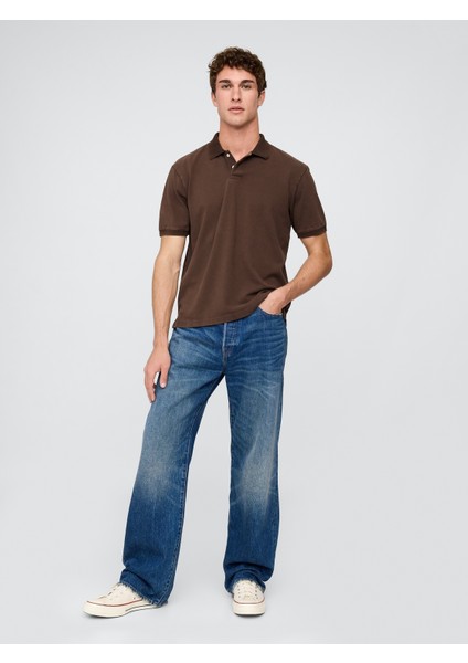 Erkek Kahverengi Relaxed Pique Polo T-Shirt indirimleri