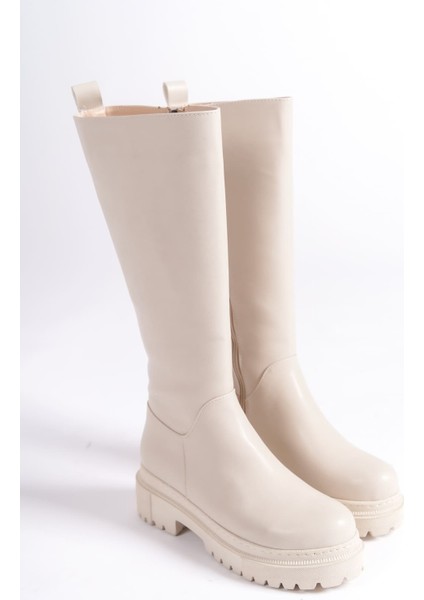 Mırax Fermuarlı Ortopedik Taban Suya ve Soğuğa Dayanıklı Kadın Çizme Krem