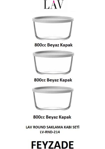Beyaz Yuvarlak Saklama Kabı Seti 3'lü 800CC Kapaklı