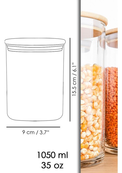 9'lu Bambu Kapaklı Cam Saklama Kabı Seti, 1050 Ml, Vakum Kapaklı, Şeffaf ve Şık