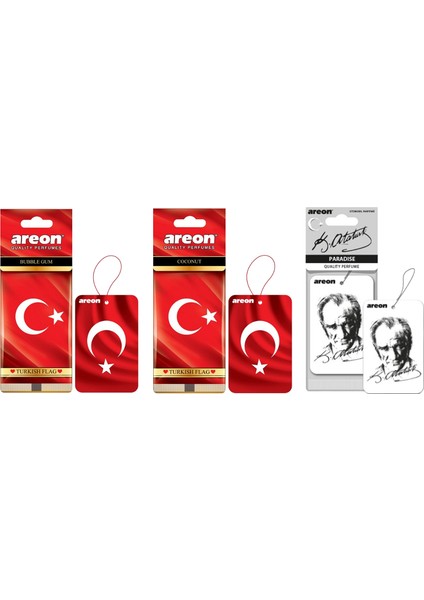 Areon Atatürk(Paradıse) & Türk Bayrağı(Coconut) & Türk Bayrağı(Bubble Gum) Oto Araç Kokusu Üçlü Set