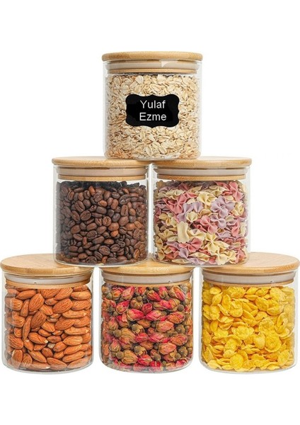 6'lı 500 ml Bambu Kapaklı Cam Saklama Kabı, Hava Geçirmez, Şeffaf