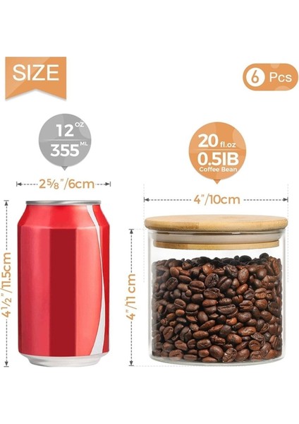 6'lı 500 ml Bambu Kapaklı Cam Saklama Kabı, Hava Geçirmez, Şeffaf indirimleri