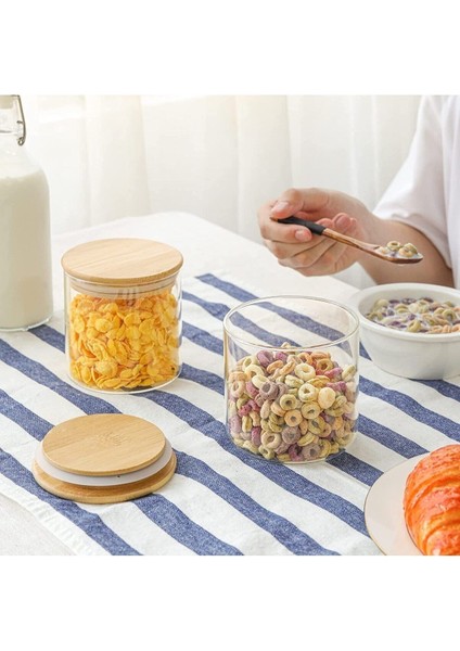 6'lı 500 ml Bambu Kapaklı Cam Saklama Kabı, Hava Geçirmez, Şeffaf