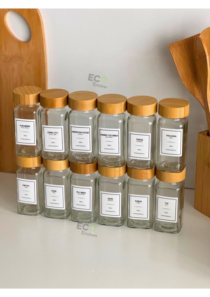 12'li Cam Baharatlık Seti Bambu Kapaklı ve Serpme Başlıklı Baharatlıkler