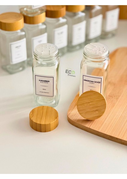 12'li Cam Baharatlık Seti Bambu Kapaklı ve Serpme Başlıklı Baharatlıkler modelleri