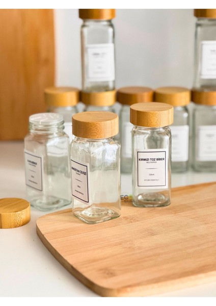 12'li Cam Baharatlık Seti Bambu Kapaklı ve Serpme Başlıklı Baharatlıkler