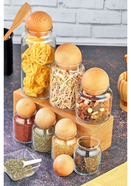 7'li Ahşap Kapaklı Cam Baharat ve Çerezlik Seti, Şık ve Kullanışlı Tasarım