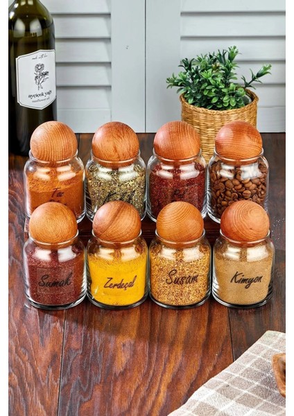 8'li Ahşap Kapaklı Cam Baharat ve Çerezlik Seti, 300 ml