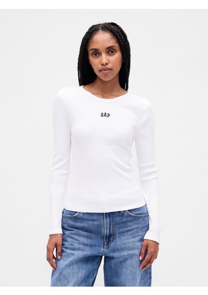 Kadın Beyaz Modern Fitilli Logo Crop T-Shirt