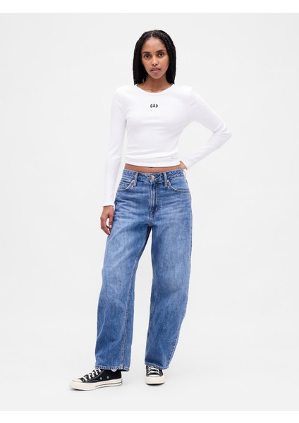 Kadın Beyaz Modern Fitilli Logo Crop T-Shirt indirimleri