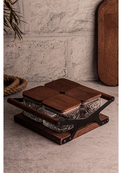 Kare 4'lü Cam Kahvaltılık ve Çerezlik, Ahşap Tepsili, Vakum Kapaklı, 230 ml