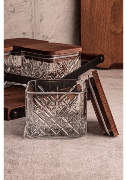 Kare 4'lü Cam Kahvaltılık ve Çerezlik, Ahşap Tepsili, Vakum Kapaklı, 230 ml fiyatları