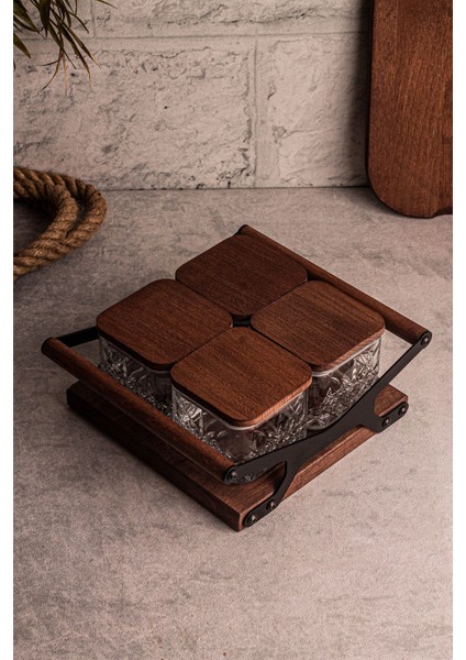 Kare 4'lü Cam Kahvaltılık ve Çerezlik, Ahşap Tepsili, Vakum Kapaklı, 230 ml modelleri