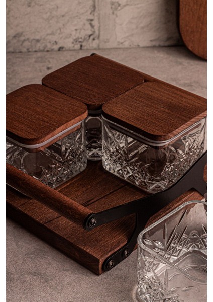 Kare 4'lü Cam Kahvaltılık ve Çerezlik, Ahşap Tepsili, Vakum Kapaklı, 230 ml