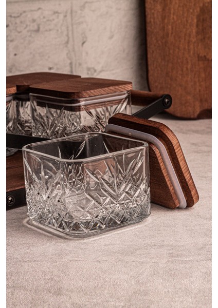 Kare 4'lü Cam Kahvaltılık ve Çerezlik, Ahşap Tepsili, Vakum Kapaklı, 230 ml