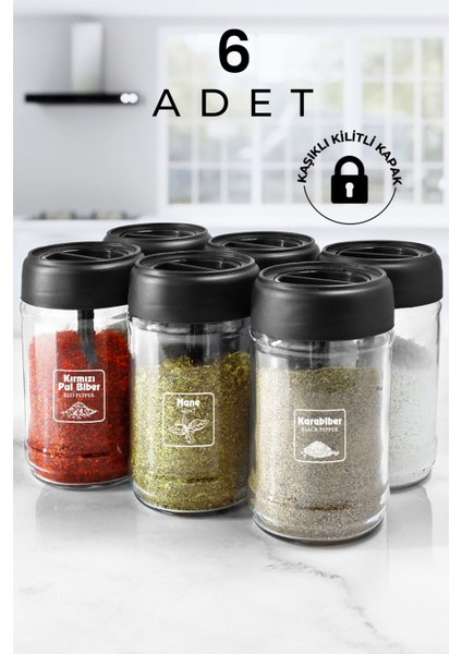 6'lı Cam Baharatlık Seti, Kendinden Kaşık, 300 Ml, Şık ve Kullanışlı Tasarım